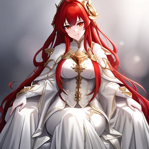  a girl manhua character with red hair and white eyes with white skin wearing noble dress and siting on the throne hyperrealistic, full body, detailed clothing, highly detailed, cinematic lighting, stunningly beautiful, intricate, sharp focus, f/1. 8, 85mm, (centered image composition), (professionally color graded), ((bright soft diffused light)), volumetric fog, trending on instagram, trending on tumblr, HDR 4K, 8K