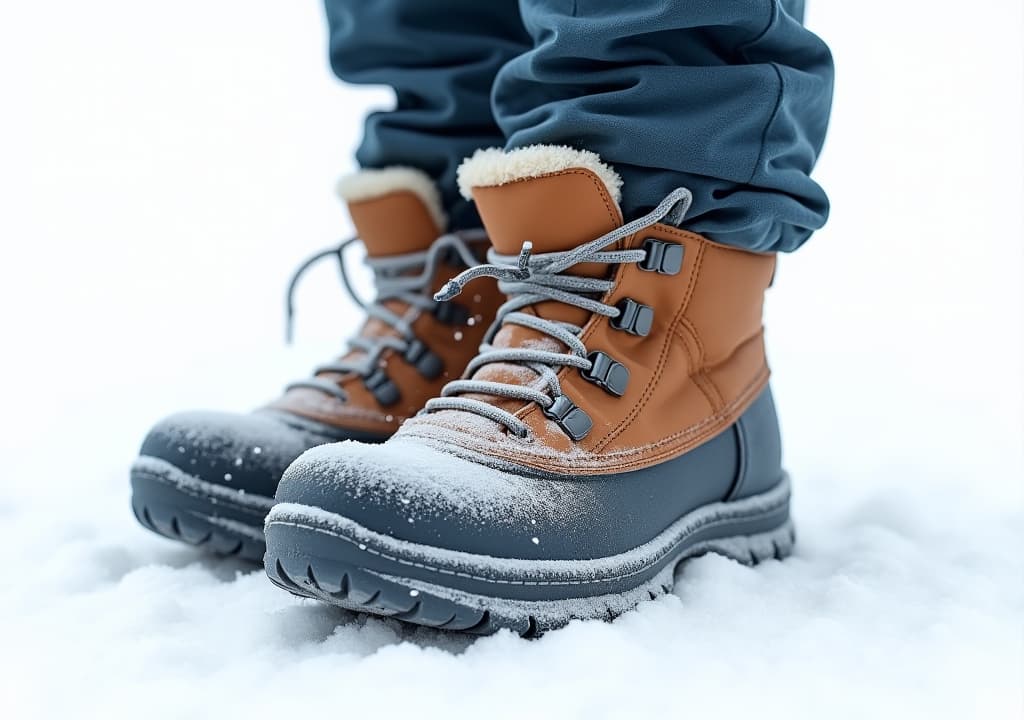  good quality, high quality, 3d flying winter boots with frost covered soles isolated on white winter adventure gear & fashion icon, close up details on soles