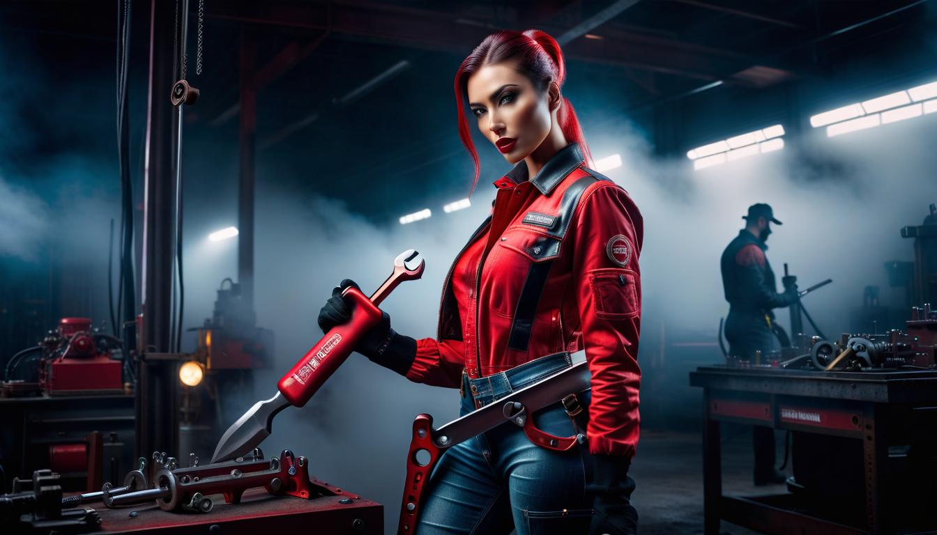  A Girl with a Wrench in Red hyperrealistic, full body, detailed clothing, highly detailed, cinematic lighting, stunningly beautiful, intricate, sharp focus, f/1. 8, 85mm, (centered image composition), (professionally color graded), ((bright soft diffused light)), volumetric fog, trending on instagram, trending on tumblr, HDR 4K, 8K