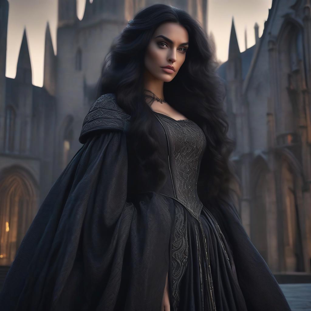  A young beautiful girl with long wavy black hair in a black medieval style dress with a thoughtful, sad look on her face against the backdrop of Hogwarts is a portrait in this style. hyperrealistic, full body, detailed clothing, highly detailed, cinematic lighting, stunningly beautiful, intricate, sharp focus, f/1. 8, 85mm, (centered image composition), (professionally color graded), ((bright soft diffused light)), volumetric fog, trending on instagram, trending on tumblr, HDR 4K, 8K