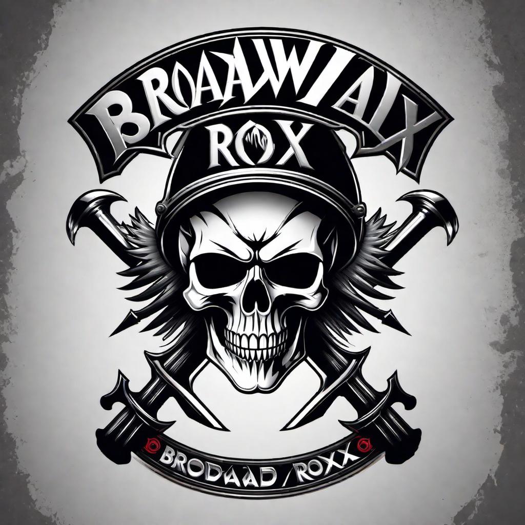  Create an image of a heavy metal skull with the name of the band 'Broadway Roxx' written correctly, incorporated into the design. The skull should have a bold and edgy look, encapsulating the essence of heavy metal music. The font for 'Broadway Roxx' should be aggressive and stylized, with sharp edges and a gritty texture that reflects the heavy metal genre. The overall color scheme should be dark, with metallic shades and either electric blue or fiery red accents that give off a fierce and striking presence. hyperrealistic, full body, detailed clothing, highly detailed, cinematic lighting, stunningly beautiful, intricate, sharp focus, f/1. 8, 85mm, (centered image composition), (professionally color graded), ((bright soft diffused light)), volumetric fog, trending on instagram, trending on tumblr, HDR 4K, 8K