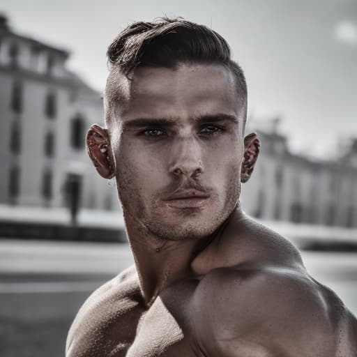 portrait+ style Russian queer fitness model brunette hunk dude face