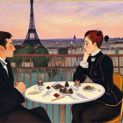  attractive young Parisian couple dressed in modern designer outfits who are romantically together in Paris. Foreground a small plate of fine dark chocolates on a bedside table. Background dusk with a lite Eiffel Tour Monument. Painting style of Henri de Toulouse-Lautrec