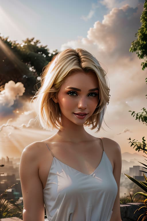  1girl,1girl,blonde short hair,straight hair,upper body shot,shirt,smile hyperrealistic, full body, detailed clothing, highly detailed, cinematic lighting, stunningly beautiful, intricate, sharp focus, f/1. 8, 85mm, (centered image composition), (professionally color graded), ((bright soft diffused light)), volumetric fog, trending on instagram, trending on tumblr, HDR 4K, 8K