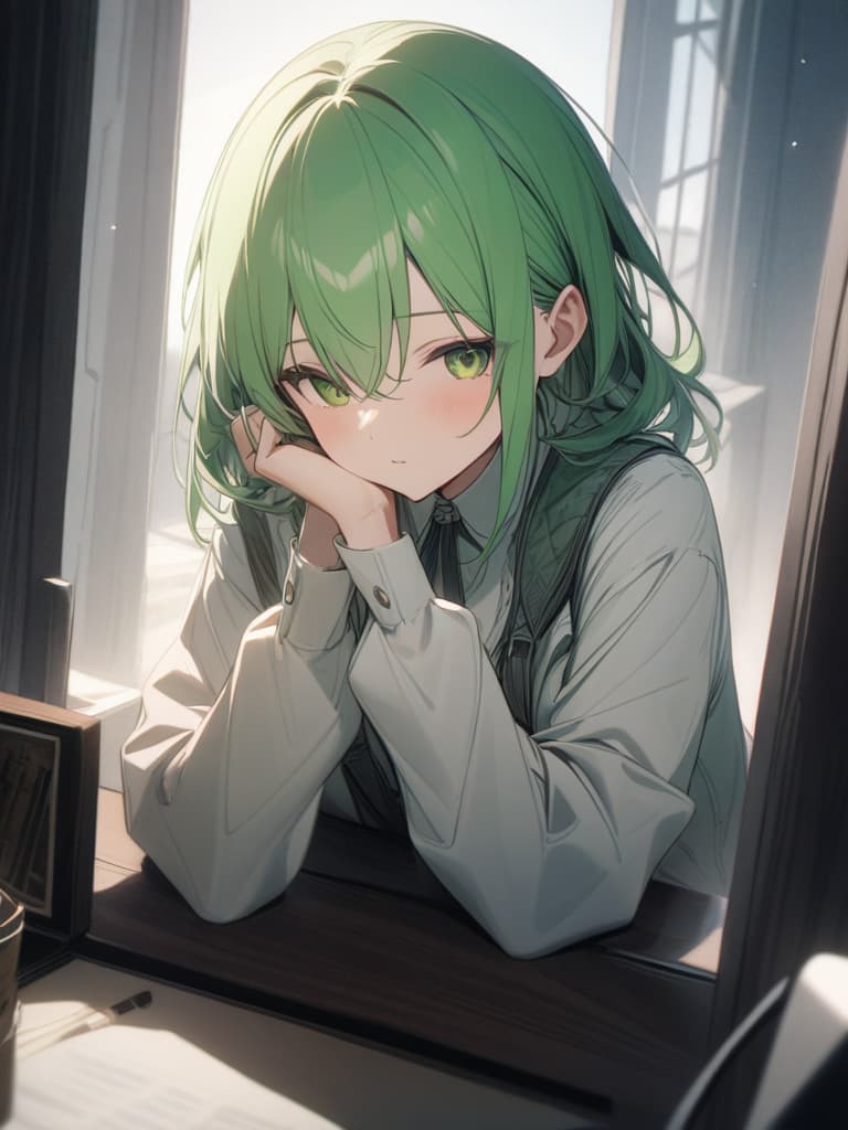  Green hair character of inferior gene, masterpiece, best quality,8k,ultra detailed,high resolution,an extremely delicate and beautiful,hyper detail