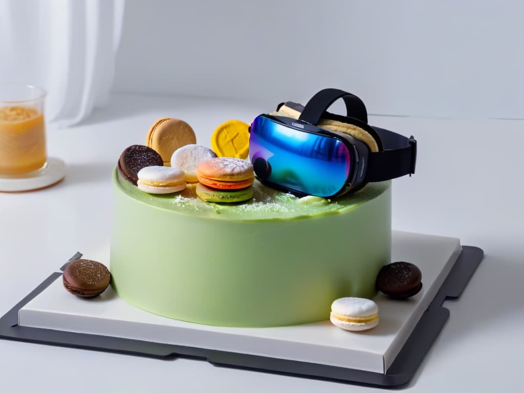  An ultradetailed image of a virtual reality headset overlaying intricate, colorful dessert recipes from around the world. The headset is sleek and modern, with a holographic display showcasing a variety of desserts like French macarons, Italian tiramisu, Japanese mochi, and American apple pie. The desserts are rendered in stunning detail, each one appearing almost lifelike with vibrant colors and intricate decorations. The background is a futuristic, minimalist setting to enhance the hightech and professional tone of the article. hyperrealistic, full body, detailed clothing, highly detailed, cinematic lighting, stunningly beautiful, intricate, sharp focus, f/1. 8, 85mm, (centered image composition), (professionally color graded), ((bright soft diffused light)), volumetric fog, trending on instagram, trending on tumblr, HDR 4K, 8K