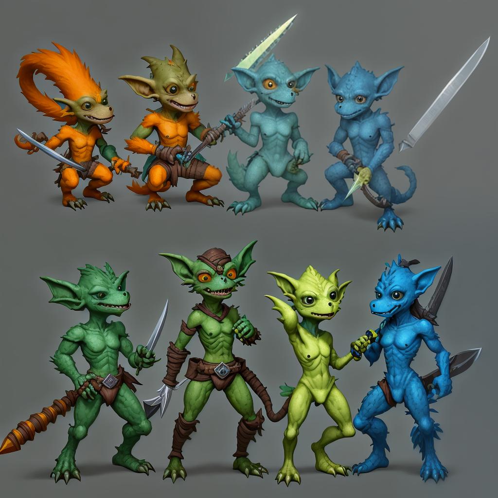  three kobold weaponize with knive in left and right arm orang, green and blue colors