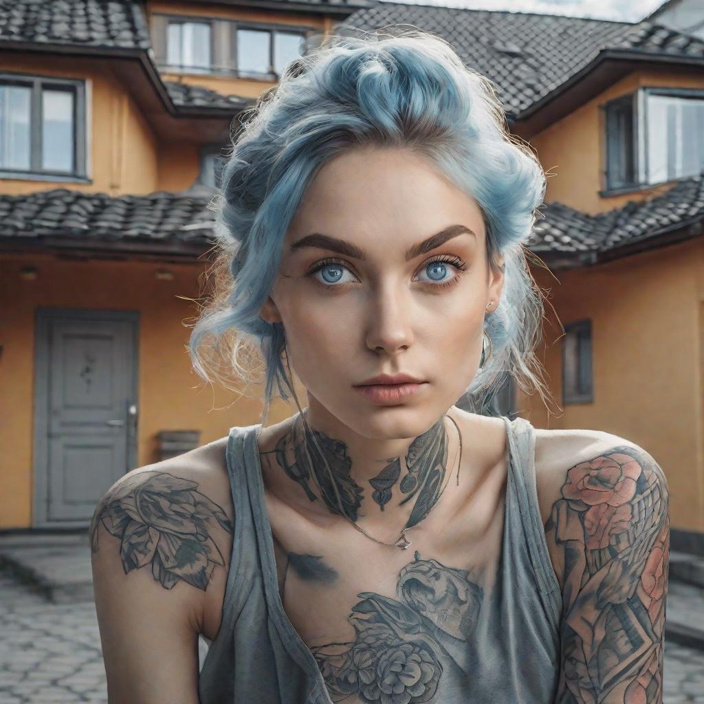  masterpiece, best quality, A beautiful with gray-blue eyes stands in a near the roof of a house, looks into the sky into the camera, a top view of the , she has a tattoo with the inscription “KTO 3ДECb”