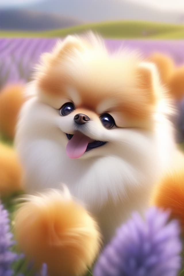  ((753 figures))((thank you)) masterpiece,(cute puppy pomeranian) orange,fluffy,,happy,in lavender field,high quality,high quality,8k,16k