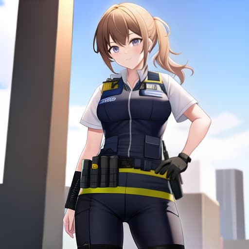  Female police officer vest gear and a pistol
