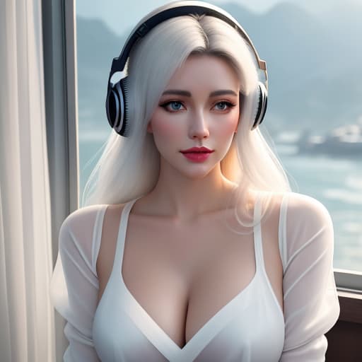  analog style, best quality, gorgeous young Swiss sitting by window with headphones on, wearing white with translucent shirt over, soft lips, beach hair, octane render, unreal engine, photograph, realistic skin texture, photorealistic, hyper realism, highly detailed, 85mm portrait photography, award winning, hard rim lighting photography hyperrealistic, full body, detailed clothing, highly detailed, cinematic lighting, stunningly beautiful, intricate, sharp focus, f/1. 8, 85mm, (centered image composition), (professionally color graded), ((bright soft diffused light)), volumetric fog, trending on instagram, trending on tumblr, HDR 4K, 8K