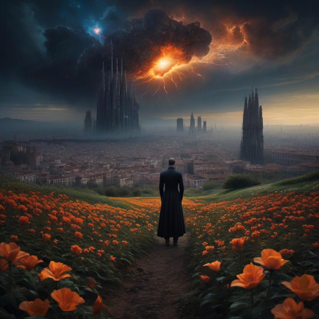  (stylized by Tomasz Alen Kopera:1.3) , dark art, dense flower field and Perseid meteor in background, landscape of a (Barcelona:1.2) , very Bizarre and 1600'S, Hurricane, Glitchcore, Amaro, layered textures, ornate, intricate artistic color, complimentary colors, very inspirational, atmosphere, fine artistic composition, sunny, theatrical hyperrealistic, full body, detailed clothing, highly detailed, cinematic lighting, stunningly beautiful, intricate, sharp focus, f/1. 8, 85mm, (centered image composition), (professionally color graded), ((bright soft diffused light)), volumetric fog, trending on instagram, trending on tumblr, HDR 4K, 8K