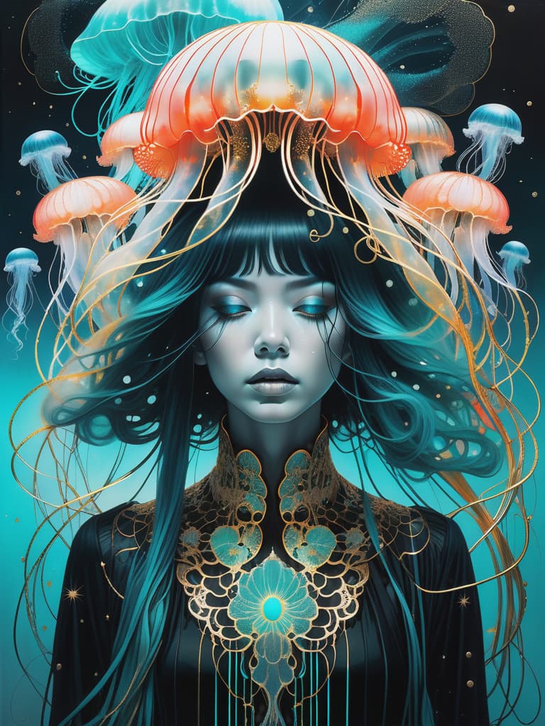  photo RAW, (Black, petrol and neon turquoise : Portrait of a ghostly jellyfish woman, shiny aura, highly detailed, gold filigree, intricate motifs, organic tracery, by Android jones, Januz Miralles, Hikari Shimoda, glowing stardust by W. Zelmer, perfect composition, smooth, sharp focus, sparkling particles, lively coral reef and stars in the background Realistic, realism, hd, 35mm photograph, 8k), masterpiece, award winning photography, natural light, perfect composition, high detail, hyper realistic