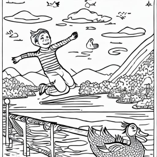  A delightful coloring book page for children, depicting a scene where a boy is jumping off a dock into a lake, accompanied by his duck stuffie.