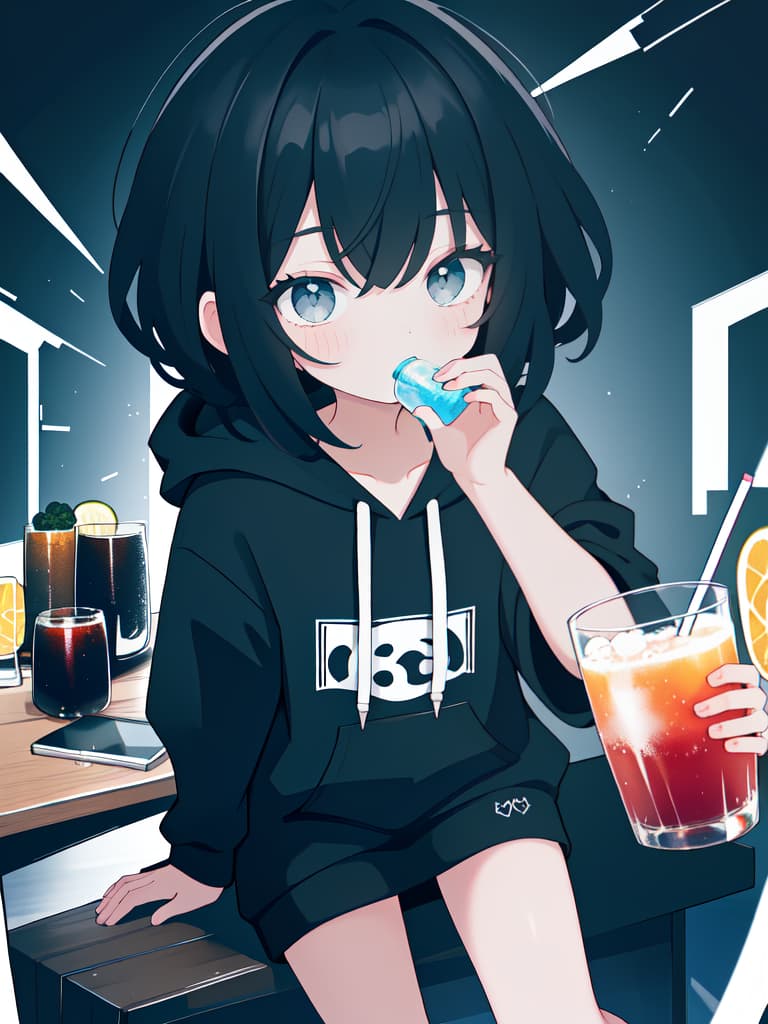  Black hair, short, hoodie, drink, masterpiece, best quality,8k,ultra detailed,high resolution,an extremely delicate and beautiful,hyper detail