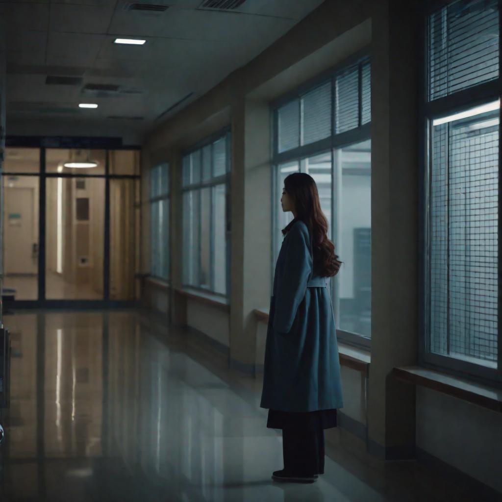  cinematic shot, a beautiful korean girl with long hair stands in the hospital corridor and looks through the window into the room, night, dim light, hyper-realistic, detailed, high quality, mijorney style, cute, hyper detail, full HD hyperrealistic, full body, detailed clothing, highly detailed, cinematic lighting, stunningly beautiful, intricate, sharp focus, f/1. 8, 85mm, (centered image composition), (professionally color graded), ((bright soft diffused light)), volumetric fog, trending on instagram, trending on tumblr, HDR 4K, 8K