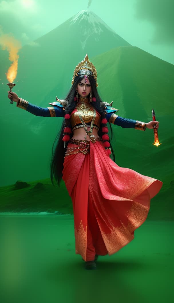  female devi , volcano background, ammunition in hand like sword, human skull hold by left hand, anger on her face , blue shed colour, hyperrealistic, high quality, highly detailed, perfect lighting, intricate, sharp focus, f/1. 8, 85mm, (centered image composition), (professionally color graded), ((bright soft diffused light)), trending on instagram, HDR 4K, 8K