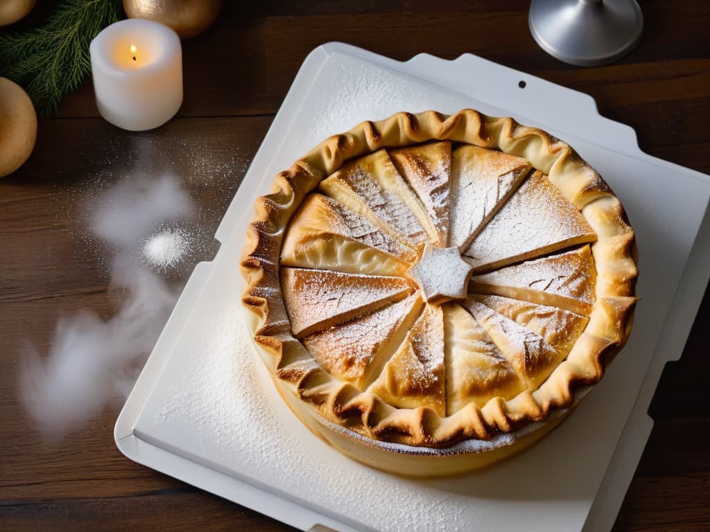  A closeup, ultradetailed image of a perfectly flaky, golden pie crust, sprinkled with a light dusting of powdered sugar. The layers are delicate and airy, showcasing the importance of fats in creating a tender texture in pastries. hyperrealistic, full body, detailed clothing, highly detailed, cinematic lighting, stunningly beautiful, intricate, sharp focus, f/1. 8, 85mm, (centered image composition), (professionally color graded), ((bright soft diffused light)), volumetric fog, trending on instagram, trending on tumblr, HDR 4K, 8K