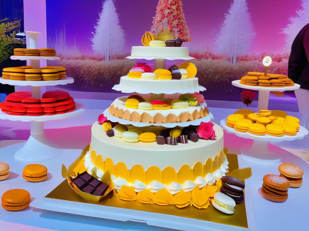  A stunning, ultradetailed image of a delicate and intricate dessert table at a vibrant dessert festival in 2023. The table is adorned with an array of colorful macarons, decadent cakes, artisanal chocolates, and exquisite pastries, all meticulously arranged on elegant platters. The desserts are artfully garnished with edible flowers, gold leaf accents, and intricate sugar decorations, creating a visually captivating display that embodies the latest trends in pastry craftsmanship. The background features a soft focus on bustling festival attendees sampling these delectable treats, adding a dynamic and lively element to the scene. hyperrealistic, full body, detailed clothing, highly detailed, cinematic lighting, stunningly beautiful, intricate, sharp focus, f/1. 8, 85mm, (centered image composition), (professionally color graded), ((bright soft diffused light)), volumetric fog, trending on instagram, trending on tumblr, HDR 4K, 8K