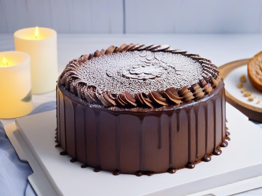  A closeup, ultradetailed image of a decadent chocolate quinoa cake, perfectly sliced to reveal layers of rich chocolate ganache and fluffy quinoainfused sponge. The cake is elegantly garnished with a sprinkle of quinoa seeds and a dusting of cocoa powder, sitting on a sleek, minimalist white plate against a soft, blurred background that highlights its luxurious texture and intricate details. hyperrealistic, full body, detailed clothing, highly detailed, cinematic lighting, stunningly beautiful, intricate, sharp focus, f/1. 8, 85mm, (centered image composition), (professionally color graded), ((bright soft diffused light)), volumetric fog, trending on instagram, trending on tumblr, HDR 4K, 8K