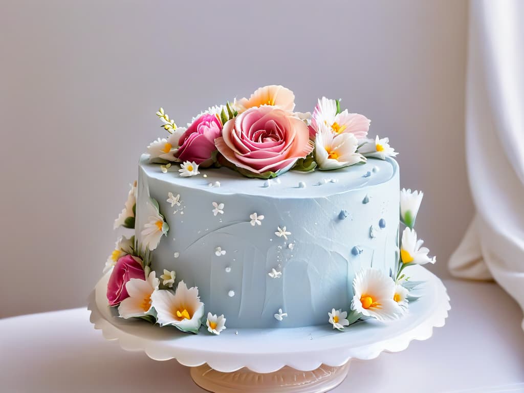  A closeup, ultradetailed image of a perfectly frosted cake with intricate floral decorations in pastel colors, displayed on a simple, elegant white cake stand. hyperrealistic, full body, detailed clothing, highly detailed, cinematic lighting, stunningly beautiful, intricate, sharp focus, f/1. 8, 85mm, (centered image composition), (professionally color graded), ((bright soft diffused light)), volumetric fog, trending on instagram, trending on tumblr, HDR 4K, 8K