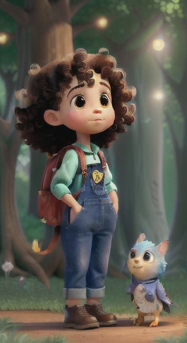  {The tree shining brightly and releasing a gentle, magical light., Riley, a curious with big brown eyes and curly hair, wearing overalls and carrying a small backpack. Their friend, Skye, a bluebird with shiny feathers.