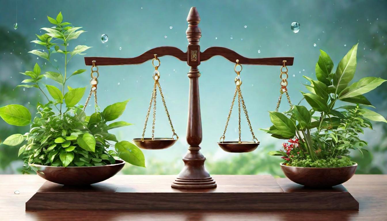  digital illustration A balance scale, one side with medical tools, the other with plants, sunlight, and water droplets, symbolizing holistic healing's aim, balanced, harmonizing looking at viewer, dynamic pose, (intricate details, masterpiece, best quality)