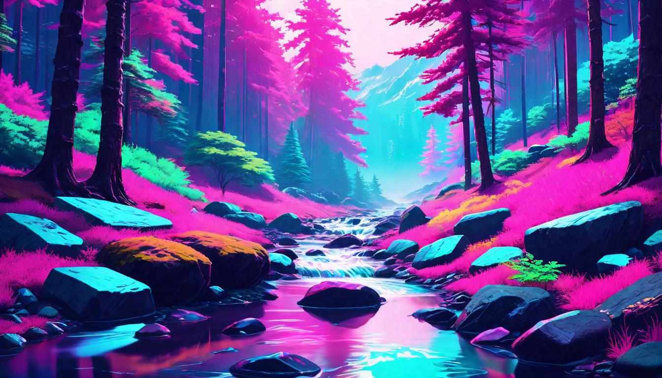  vaporwave,cyberpunk game style A gentle stream in the woods, clear water flowing over smooth stones, embodying calm and control through guided breathing, tranquil, soothingeon, dystopian, futuristic, digital, vibrant, detailed, high contrast, reminiscent of cyberpunk genre video games,retro aesthetic, cyberpunk, vibrant, neon colors, vintage 80s and 90s style, highly detailed