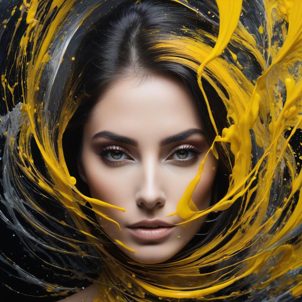  Close up portrait, a simple, surreal and abstract, surreal painted newage woman with long vibrant hair all over the frame, high collar, yellow black fountain in outer space, made of brush stroke lines, vertical lines, horizontal lines, portrait made of intertwining lines, which intertwine over each other along the entire frame, emphasis effect, moiré effect, flooded with colorful shades, seamlessly extends the lines, ornate, minimalist hyperrealistic, full body, detailed clothing, highly detailed, cinematic lighting, stunningly beautiful, intricate, sharp focus, f/1. 8, 85mm, (centered image composition), (professionally color graded), ((bright soft diffused light)), volumetric fog, trending on instagram, trending on tumblr, HDR 4K, 8K