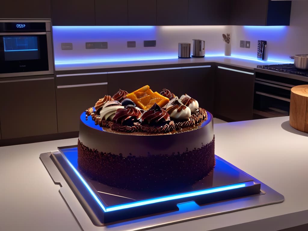  An ultradetailed image of a sleek, modern kitchen with a futuristic holographic interface displaying a virtual recipe for a decadent chocolate cake in the foreground. The countertop is immaculately organized with hightech cooking gadgets seamlessly integrated into the design. Soft, ambient lighting highlights the metallic accents and minimalist aesthetic of the kitchen, creating a serene and sophisticated atmosphere. hyperrealistic, full body, detailed clothing, highly detailed, cinematic lighting, stunningly beautiful, intricate, sharp focus, f/1. 8, 85mm, (centered image composition), (professionally color graded), ((bright soft diffused light)), volumetric fog, trending on instagram, trending on tumblr, HDR 4K, 8K