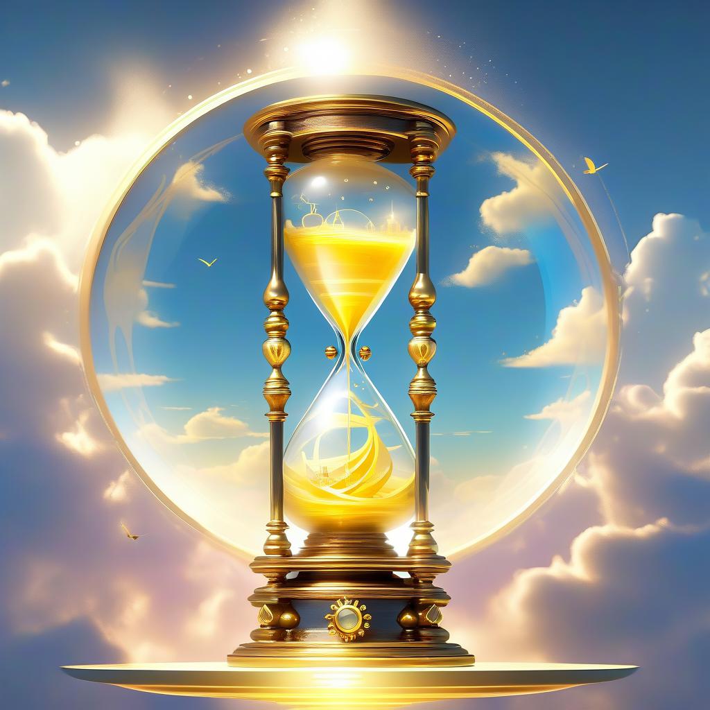  ethereal fantasy concept art of (Fancy hourglass). clock design: wooden carved case lacquered. Bowls of transparent glass. Inside the top bowl of the clock the rising sun is displayed. Around the sun is a blue sky and white, golden pink clouds. (Inside the lower bowl of the clock):A nighttime, dark blue sky with a bright yellow month with a silvery cast. Beneath the sky are mountains covered with blue white snow, shimmering with different colours of the rainbow. Background: gradient: in the lower part of the background the structure of sand. In the upper part of the background perispherical clouds in the blue sky. Style: philosophical romantic fantasy. . magnificent, celestial, ethereal, painterly, epic, majestic, magical, fantasy art, cov hyperrealistic, full body, detailed clothing, highly detailed, cinematic lighting, stunningly beautiful, intricate, sharp focus, f/1. 8, 85mm, (centered image composition), (professionally color graded), ((bright soft diffused light)), volumetric fog, trending on instagram, trending on tumblr, HDR 4K, 8K