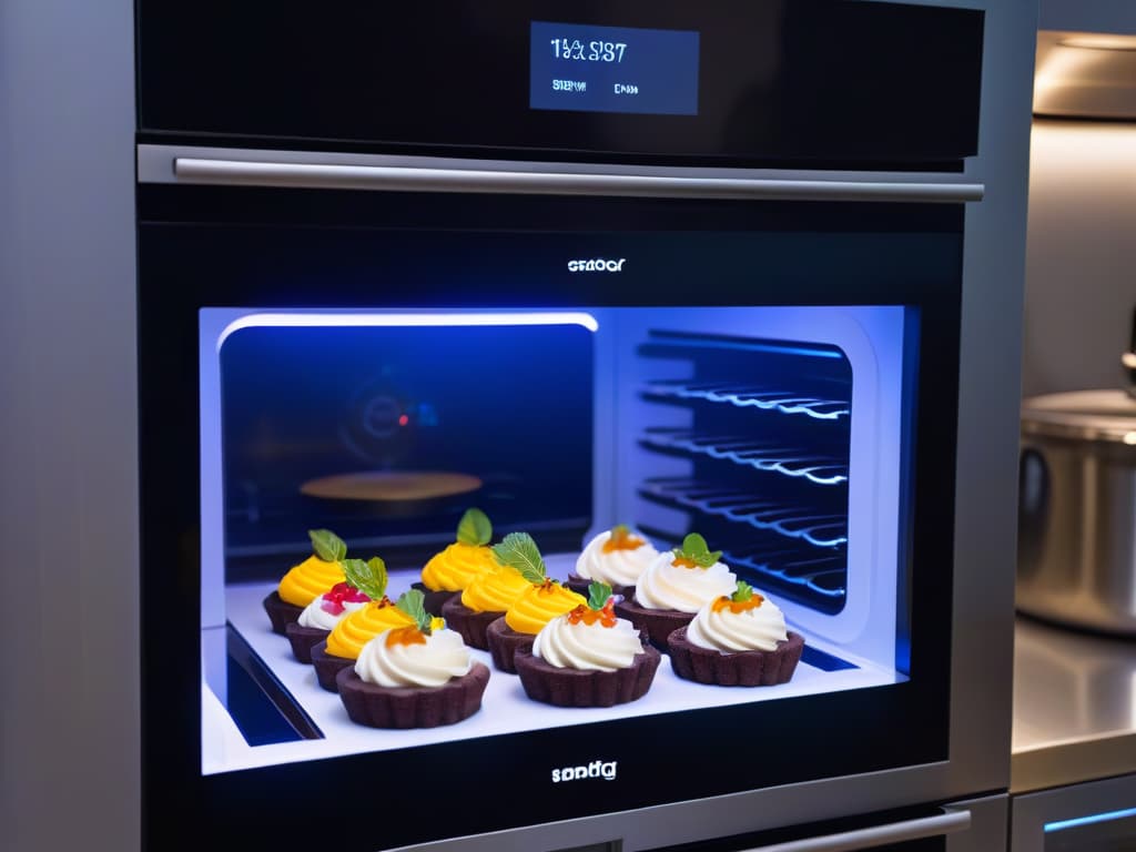  A closeup, ultradetailed image of a sleek, modern kitchen with hightech digital appliances seamlessly integrated into the design. The focus is on a stateoftheart digital oven displaying a vibrant, interactive interface showing intricate dessert recipes being created in a virtual kitchen simulation. The overall aesthetic is clean, futuristic, and inspiring, showcasing the seamless blend of technology and creative pastry making. hyperrealistic, full body, detailed clothing, highly detailed, cinematic lighting, stunningly beautiful, intricate, sharp focus, f/1. 8, 85mm, (centered image composition), (professionally color graded), ((bright soft diffused light)), volumetric fog, trending on instagram, trending on tumblr, HDR 4K, 8K