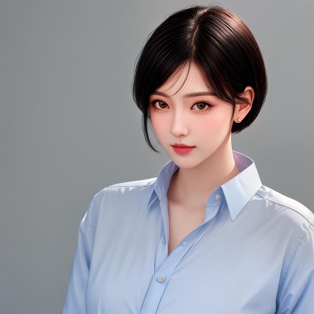  masterpiece, best quality, (masterpiece, best quality, high quality, high level, super detail), realism, 1 sweet girl, short hair, no hair accessories, black hair, ID photo, dress shirt, front facing lens, solid background, upper body, body and face are positive, solid background, single photo