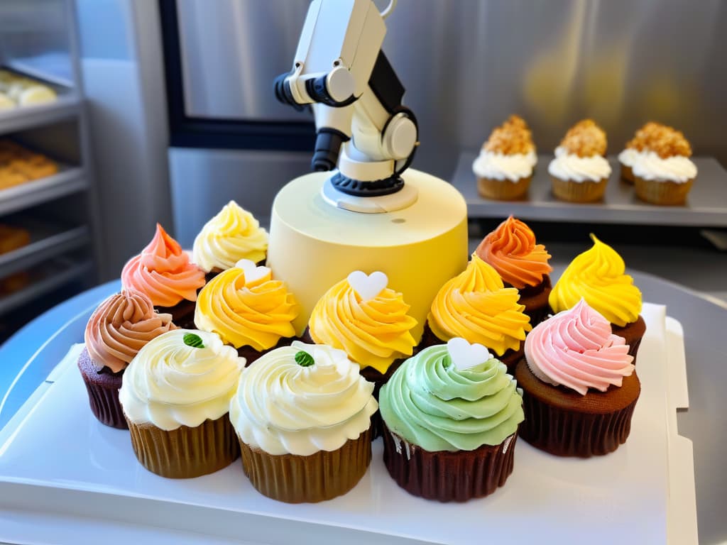  A photorealistic image of a stateoftheart robotic arm delicately piping intricate designs on colorful, perfectly frosted cupcakes in a modern bakery setting. The robotic arm is surrounded by a variety of baking tools and ingredients, showcasing a seamless blend of technology and traditional pastry craftsmanship. The cupcakes are arranged neatly on a sleek, stainless steel countertop, exuding a sense of precision and innovation in the art of pastry production. hyperrealistic, full body, detailed clothing, highly detailed, cinematic lighting, stunningly beautiful, intricate, sharp focus, f/1. 8, 85mm, (centered image composition), (professionally color graded), ((bright soft diffused light)), volumetric fog, trending on instagram, trending on tumblr, HDR 4K, 8K