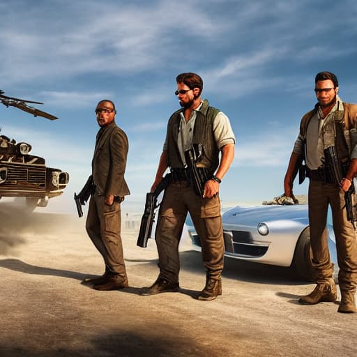  free fire squad hyperrealistic, full body, detailed clothing, highly detailed, cinematic lighting, stunningly beautiful, intricate, sharp focus, f/1. 8, 85mm, (centered image composition), (professionally color graded), ((bright soft diffused light)), volumetric fog, trending on instagram, trending on tumblr, HDR 4K, 8K