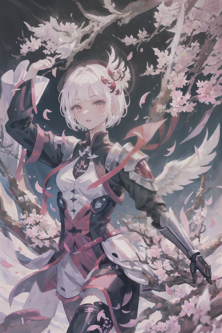  master piece , best quality,White hair, short hair, male, fallen angel, reaper, dark hero, mechanical armor, dancing cherry blossoms, falling feathers