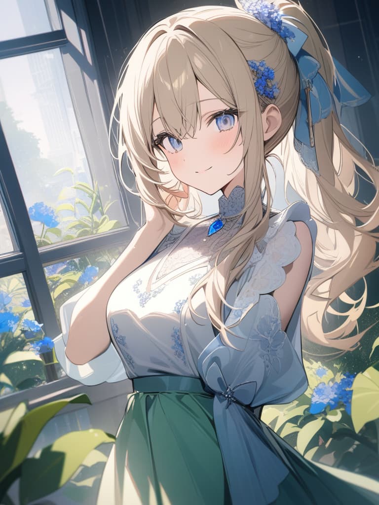  Masterpiece,one delicate lady,flaxen hair color,delicate hair color,shiny hair,ponytail,hair ornament is blueflowers & ribbon,delicate blue eye color,smiling,round collar,lace,long sleeves,light green Skirt,pretty blue brooch,background is flower,green,super high quality,super analysis,8K, masterpiece, best quality,8k,ultra detailed,high resolution,an extremely delicate and beautiful,hyper detail