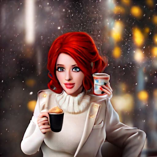  Red haired girl, cold look, drinking coffee. hyperrealistic, full body, detailed clothing, highly detailed, cinematic lighting, stunningly beautiful, intricate, sharp focus, f/1. 8, 85mm, (centered image composition), (professionally color graded), ((bright soft diffused light)), volumetric fog, trending on instagram, trending on tumblr, HDR 4K, 8K