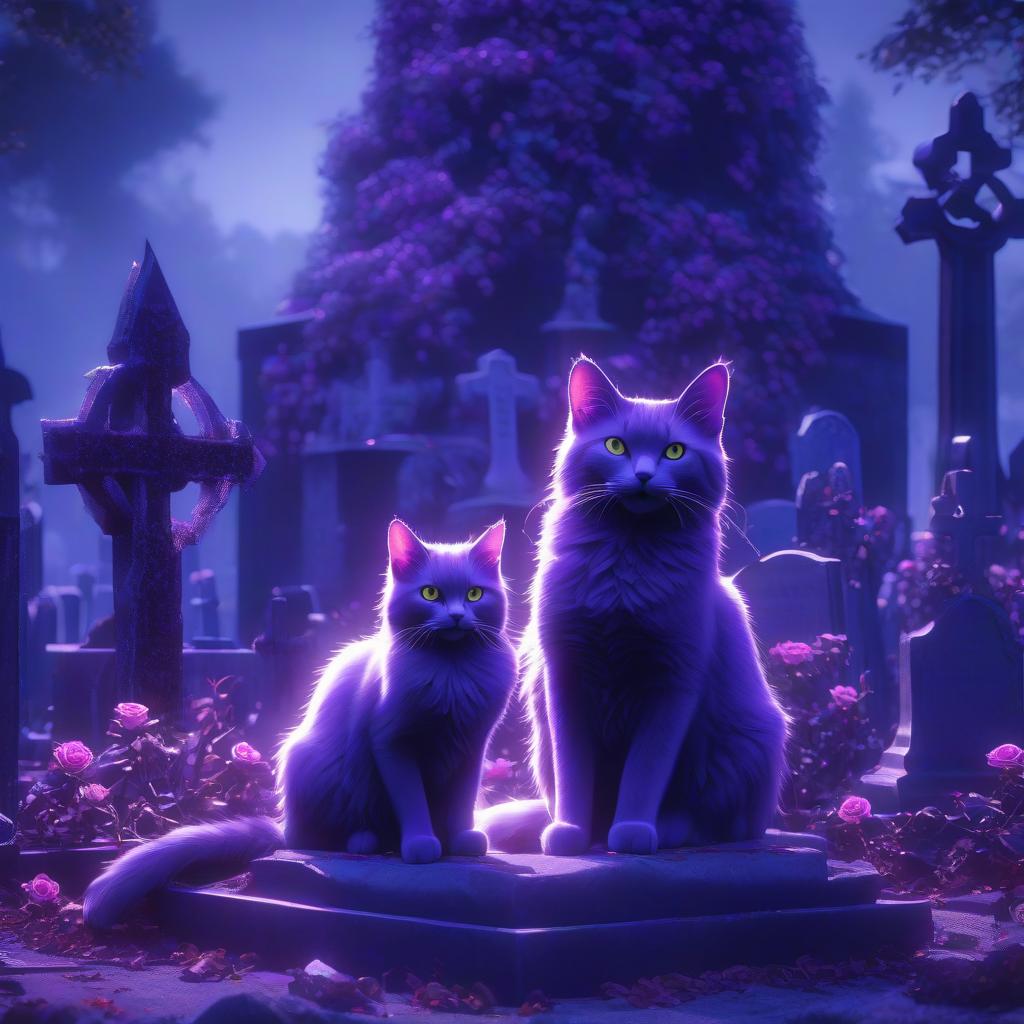  anime artwork A cat sitting in front of a grave in the cemetery purple rose color scheme . anime style, key visual, vibrant, studio anime, highly detailed hyperrealistic, full body, detailed clothing, highly detailed, cinematic lighting, stunningly beautiful, intricate, sharp focus, f/1. 8, 85mm, (centered image composition), (professionally color graded), ((bright soft diffused light)), volumetric fog, trending on instagram, trending on tumblr, HDR 4K, 8K