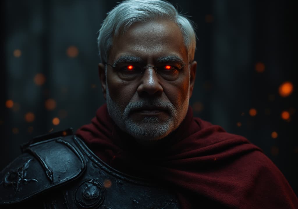  good quality, high quality, a hyper realistic close up portrait of narendra modi, with his glowing red eyes piercing through the darkness, wearing hus iconic red cape and narendra modi armor, with intricate details, looking directly to the camera , mahabharat blurred background , emphasizes his fierce presence, dark palette, cinematic, epic realism,8k, highly detailed