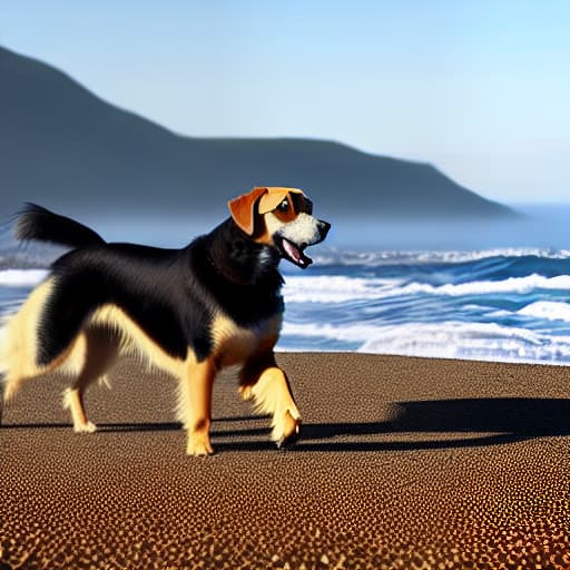 nousr robot Golden retriever dog playing at the ocean