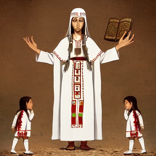  JESUS ​​CHRIST IN A WHITE TUNIC NEXT TO LITTLE BOYS AND GIRLS FROM PRE-COLOMBIAN AMERICA IN AZTEC AND NATIVE AMERICAN CLOTHES, IN THE BOOK OF MORMON, REALISTIC IMAGE