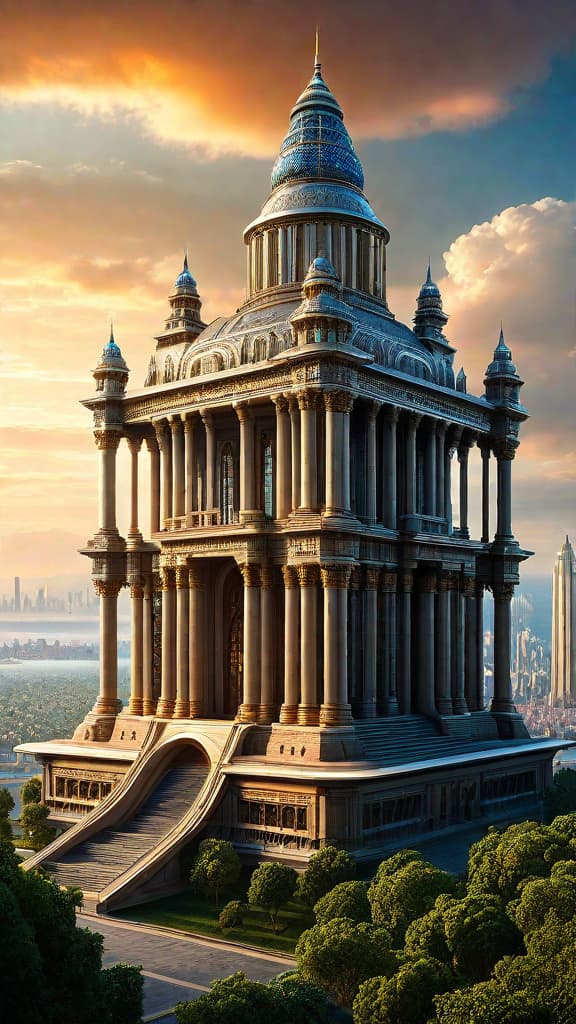  (An image of a grand, ornate building or structure from the Tartarian Empire, featuring intricate architectural details and design elements that suggest advanced engineering and the use of atmospheric energy and frequency manipulation. The building is set against a backdrop of a vibrant, technologically advanced city skyline, hinting at the highly developed nature of the Tartarian civilization. The overall scene conveys a sense of wonder, sophistication, and a profound disconnect from the modern world's understanding of history.) hyperrealistic, full body, detailed clothing, highly detailed, cinematic lighting, stunningly beautiful, intricate, sharp focus, f/1. 8, 85mm, (centered image composition), (professionally color graded), ((bright soft diffused light)), volumetric fog, trending on instagram, trending on tumblr, HDR 4K, 8K