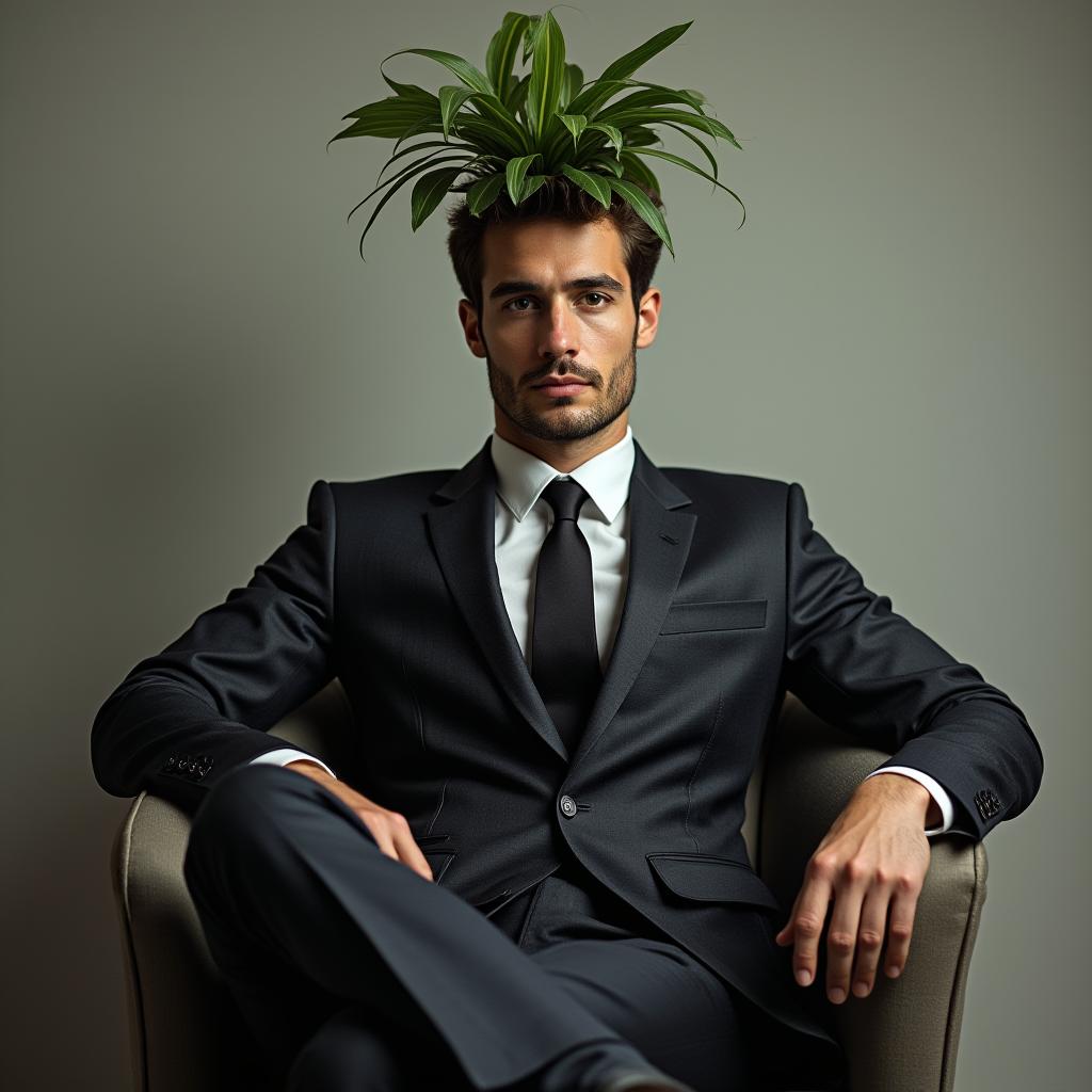  good quality, high quality, a man is wearing a suit and has a plant on his head. the man is sitting on a chair