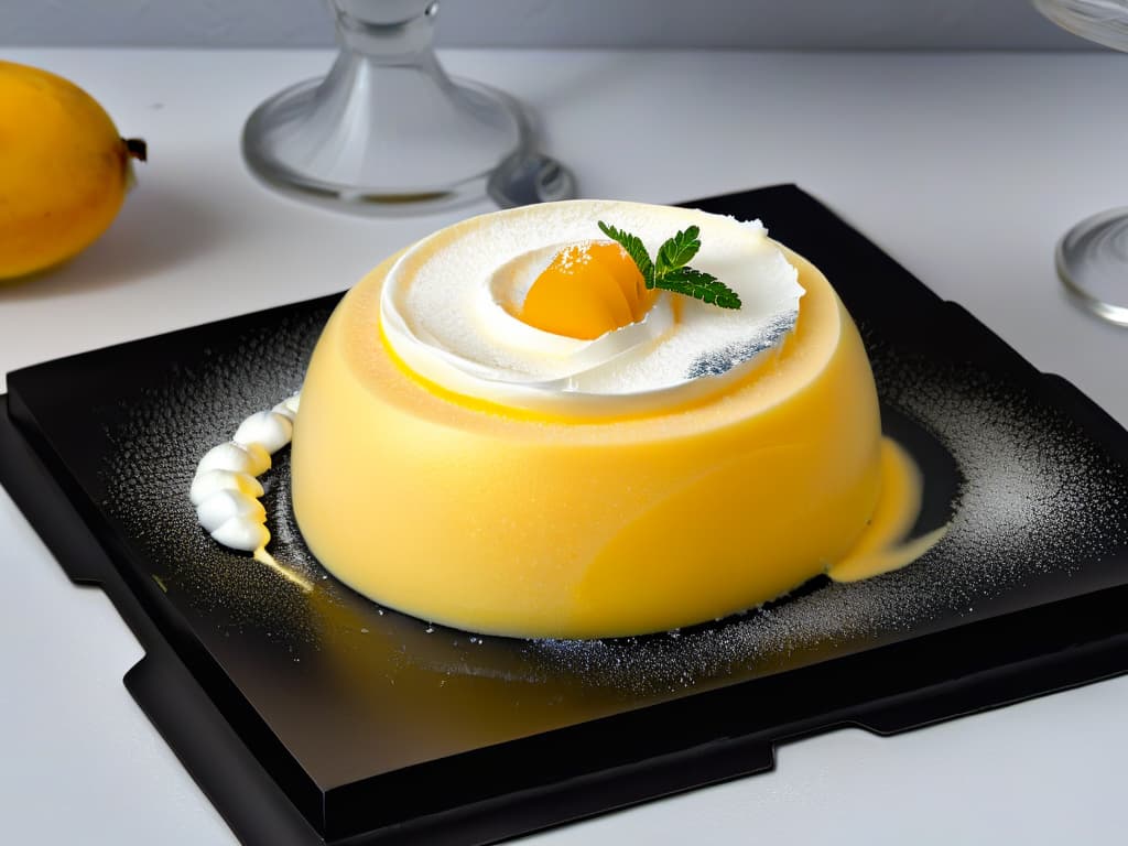  A closeup, ultradetailed photograph of a delicate, ethereal mango foam dessert elegantly presented on a sleek, black plate. The foam is perfectly smooth, with tiny air bubbles captured in its structure, giving it a light and airy appearance. The vibrant yellow color of the mango foam contrasts beautifully against the dark background, creating a visually striking and minimalist composition that exudes sophistication and culinary artistry. hyperrealistic, full body, detailed clothing, highly detailed, cinematic lighting, stunningly beautiful, intricate, sharp focus, f/1. 8, 85mm, (centered image composition), (professionally color graded), ((bright soft diffused light)), volumetric fog, trending on instagram, trending on tumblr, HDR 4K, 8K