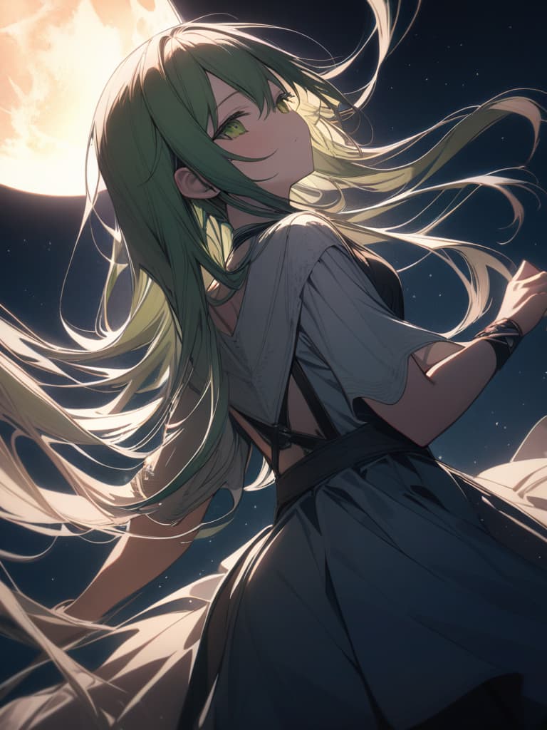  The back of the green hair character that stretches both hands on the full moon in the night sky, masterpiece, best quality,8k,ultra detailed,high resolution,an extremely delicate and beautiful,hyper detail