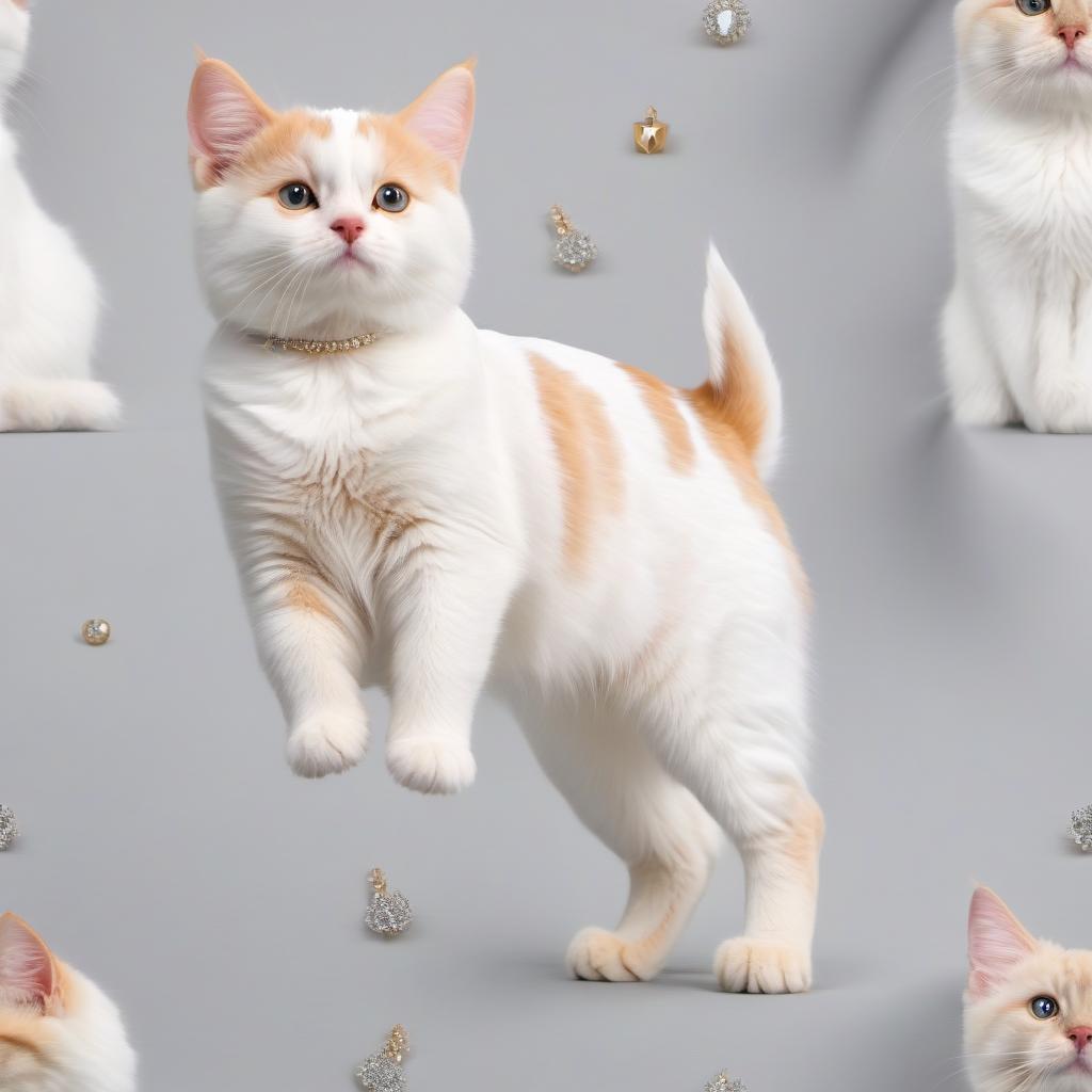  Please generate a fluffy white cat in full height standing on the hind legs, with a fluffy tail, on a light gray gold background in the jewelry of the goddess Cleopatra