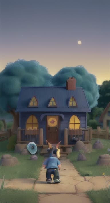  {Max walking back towards the cozy little house with droopy eyes, as twilight falls, The big blue dog is large with sky blue fur, big round eyes, a black nose, and floppy ears.