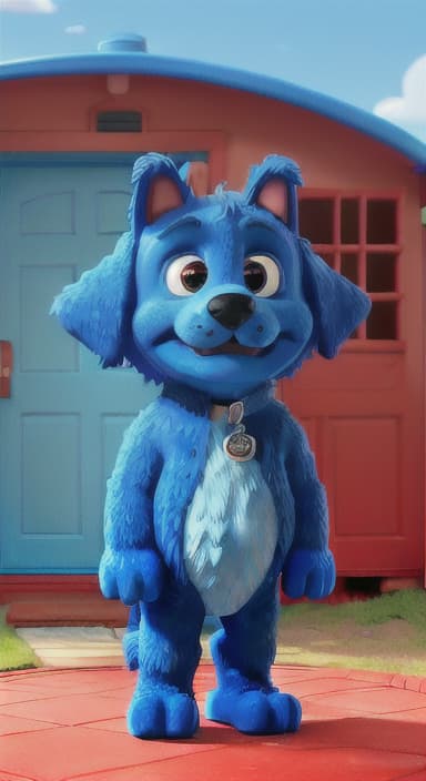  {Max the big blue dog standing in front of a cozy little house with a red door, The big blue dog is large with sky blue fur, big round eyes, a black nose, and floppy ears.