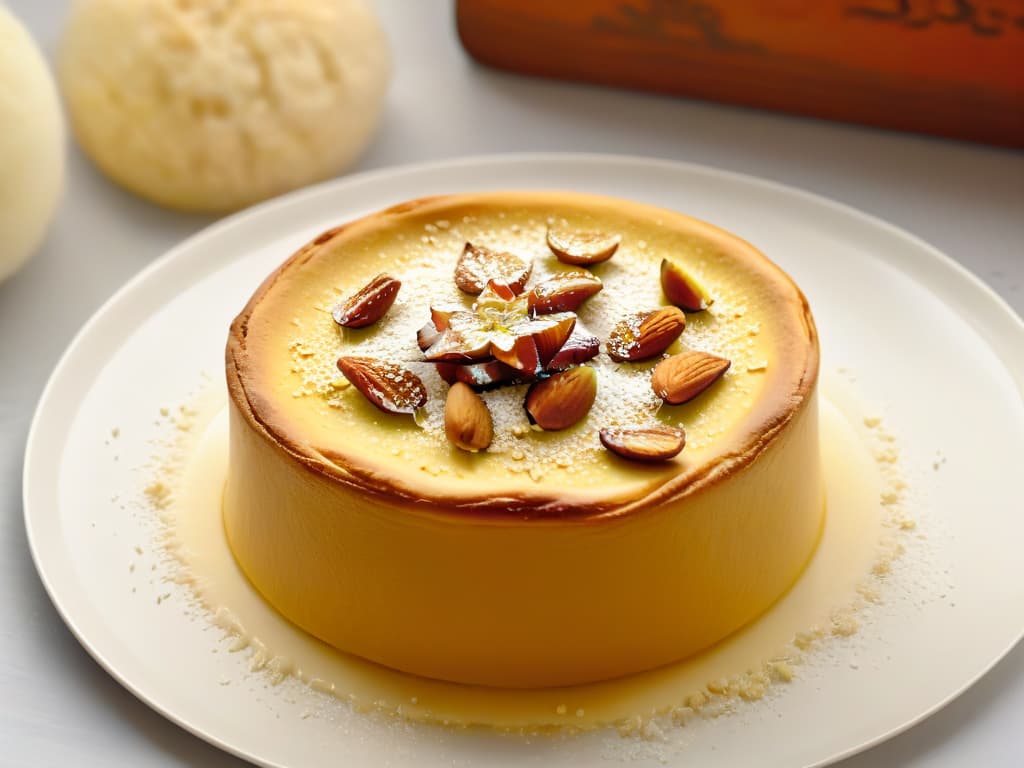  A closeup, ultradetailed image of a freshly baked Hareeseh dessert, showcasing its goldenbrown, crispy exterior sprinkled with crushed almonds. The intricate texture of the semolina and almond mixture is visible, with steam rising delicately from the warm treat, inviting viewers to savor the sweet aroma. The background is softly blurred, emphasizing the minimalist presentation of the traditional Middle Eastern delicacy. hyperrealistic, full body, detailed clothing, highly detailed, cinematic lighting, stunningly beautiful, intricate, sharp focus, f/1. 8, 85mm, (centered image composition), (professionally color graded), ((bright soft diffused light)), volumetric fog, trending on instagram, trending on tumblr, HDR 4K, 8K